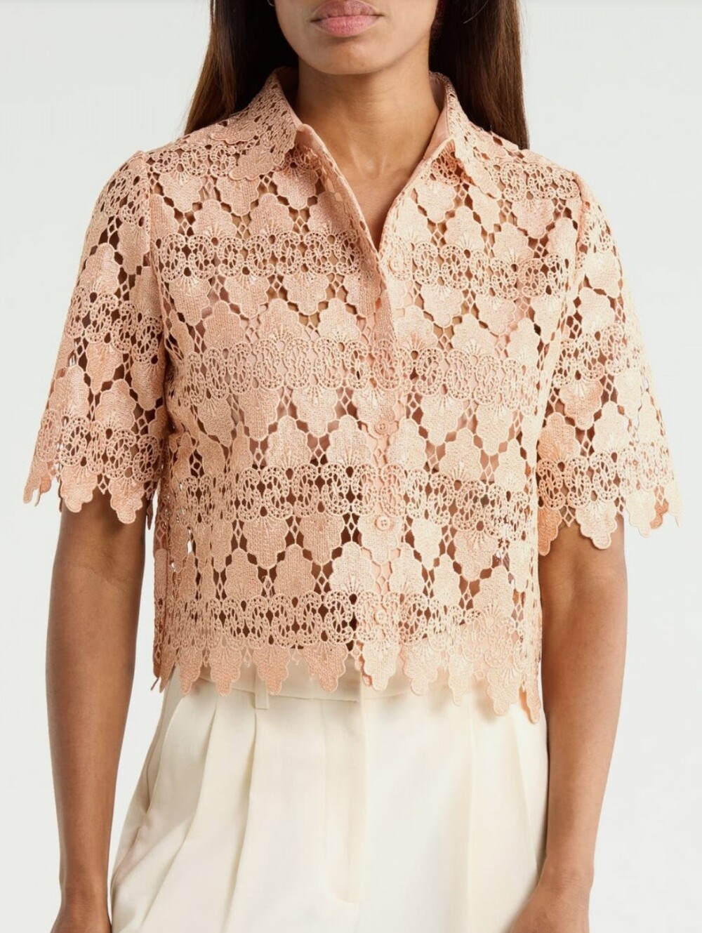 FRAME The Lace Scallop Edge Blush Button-Up Short Sleeve Top Coquette Soft Girl